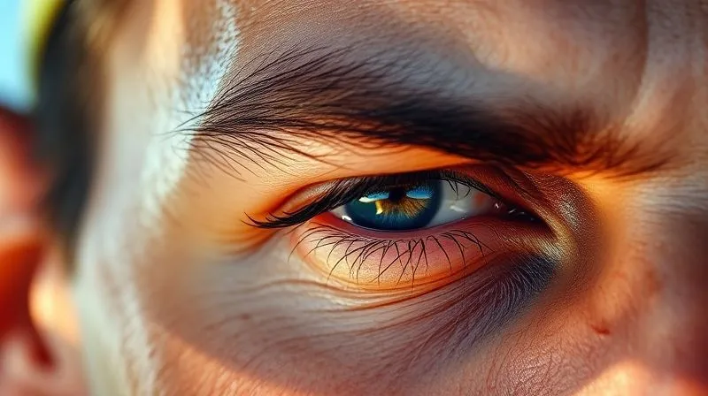 A photorealistic close-up of a professional athlete's eye, visibly squinting due to intense sun glare reflecting off a water surface in the background, showing discomfort and impaired vision. Professional photography, 8K, cinematic lighting, sharp focus on the eye, depth of field blurring the background, shot on a high-end DSLR.