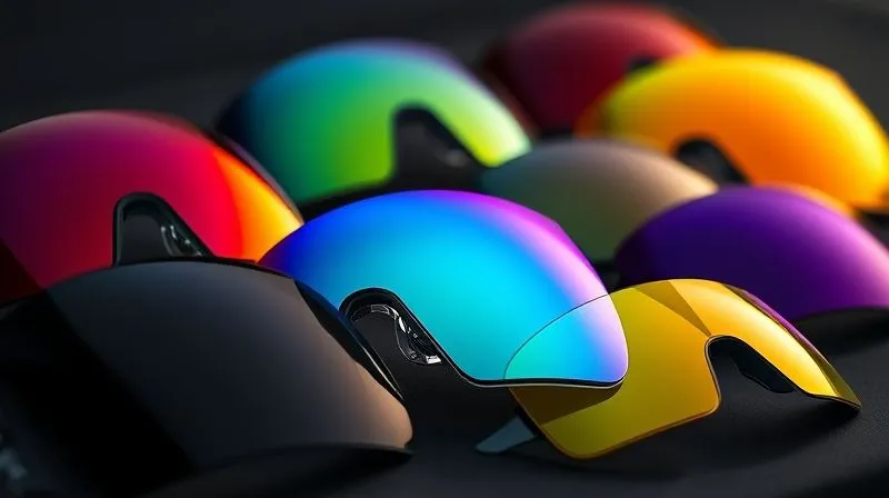 A photorealistic display of various high-tech sports eyewear lenses, showcasing different tints, coatings, and cross-sections, with a subtle glow highlighting their advanced features. Professional photography, 8K, cinematic lighting, sharp focus, depth of field, shot on a high-end DSLR.