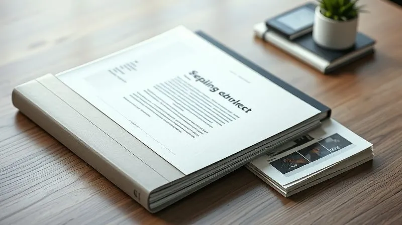 A photorealistic, professional flat lay of an editorial submission package. It features a neatly bound portfolio with a clean design, a personalized cover letter on textured paper, a tablet displaying a digital mood board, and a small stack of high-quality print proofs. Cinematic lighting, sharp focus on the documents, depth of field blurring a subtle office background. 8K.