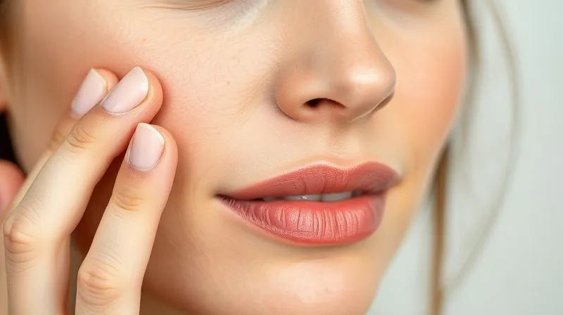 A close-up of a woman's face, a translucent, lightweight mattifying natural primer being gently applied to her T-zone with her fingertips, her skin looking fresh, blurred, and prepped. Her expression is serene and focused. Photorealistic, professional photography, 8K, cinematic lighting, sharp focus, depth of field, shot on a high-end DSLR.