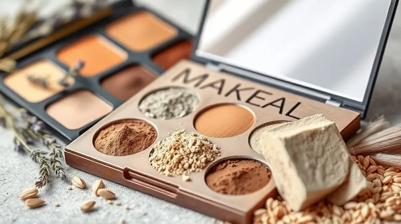 A beautifully designed natural makeup palette open, showcasing various shades of finely milled mineral powders and earth-toned pigments. Beside it, natural ingredient elements like a small sprig of lavender, a few rice grains, and a piece of kaolin clay are artfully arranged. The focus is on clean, elegant beauty and natural components. Photorealistic, professional photography, 8K, cinematic lighting, sharp focus, depth of field, shot on a high-end DSLR.