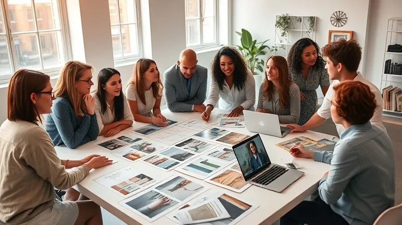 A photorealistic, professional photography image, 8K, cinematic lighting, sharp focus, depth of field. A diverse group of creative professionals in a modern, sunlit studio, intensely brainstorming around a large table covered with printed mood boards, swatches, and open laptops displaying trend reports. Their faces show engaged discussion and collaborative energy, symbolizing the conceptualization phase of a luxury fashion campaign.