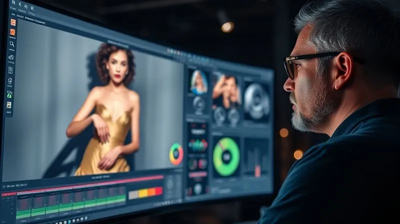 A photorealistic, professional photography image, 8K, cinematic lighting, sharp focus, depth of field. A highly skilled digital artist meticulously working on a large, high-resolution monitor in a dimly lit, sophisticated post-production studio. The screen displays a luxury fashion image being color-graded, with various color wheels and adjustment sliders visible. The artist's face is focused, and the studio environment is clean and modern, emphasizing precision and artistry.