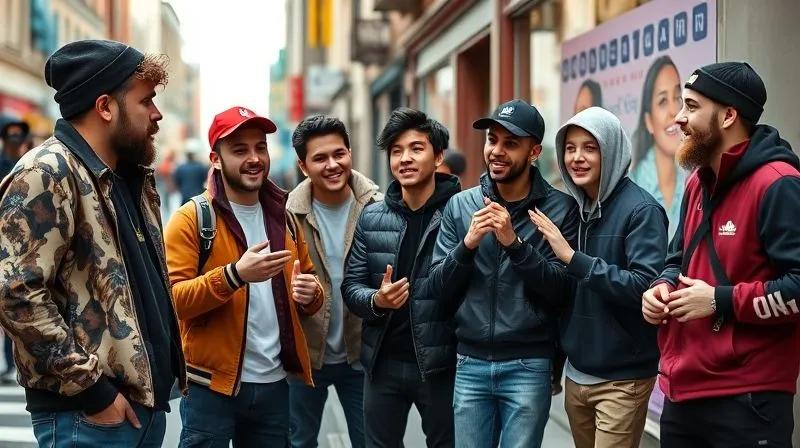 A diverse group of young men and women, dressed in stylish streetwear, passionately discussing a new limited-edition release on a vibrant city street corner. They are animated, gesturing, and showing genuine excitement. Professional photography, 8K, cinematic lighting, sharp focus on their faces, depth of field blurring the background street art, shot on a high-end DSLR.