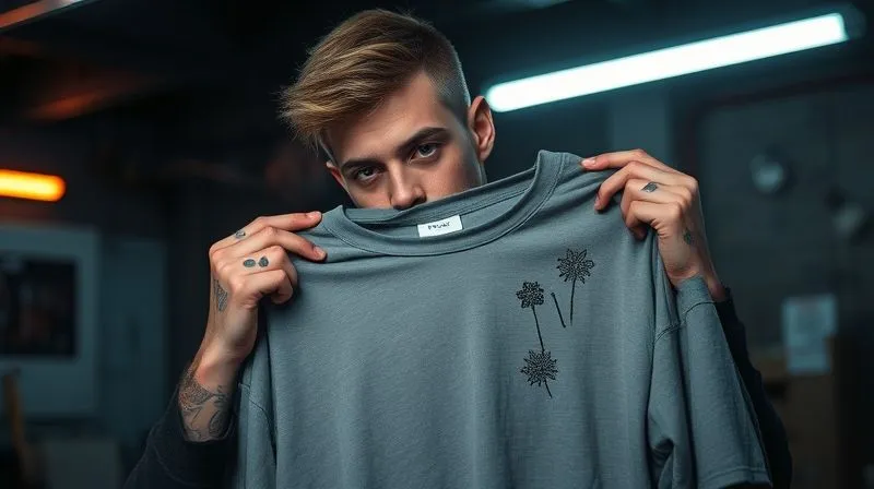 A stylish streetwear influencer, with an edgy haircut and tattoos, partially obscured by shadow, holding up a new, partially visible garment. The garment has unique embroidery. The background is a moody, industrial setting with subtle neon lights, hinting at exclusivity and urban cool. Professional photography, 8K, cinematic lighting, sharp focus on the garment and influencer's hands, depth of field, shot on a high-end DSLR.