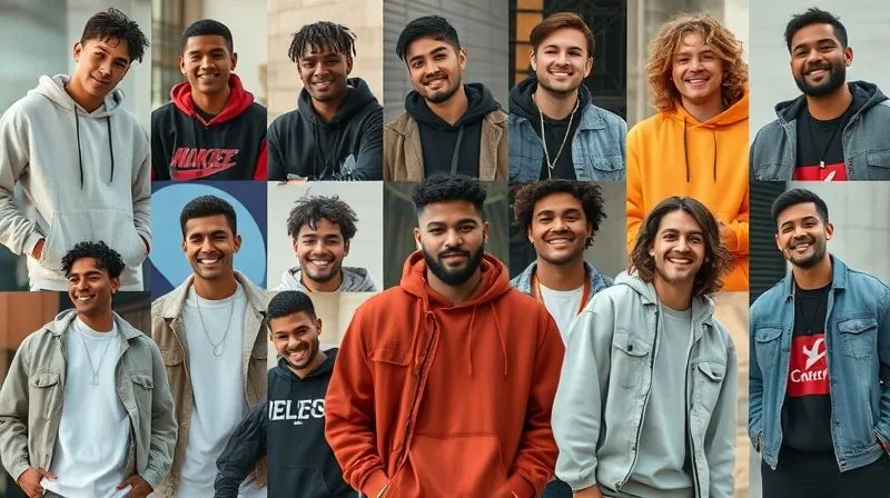 A dynamic and authentic collage of diverse individuals wearing and showcasing a recently dropped men's streetwear item. The images are captured from various social media feeds, showing different styles and settings, with happy and engaged expressions. Vibrant and energetic, illustrating community and user-generated content. Professional photography, 8K, cinematic lighting, sharp focus on the garments, depth of field, shot on a high-end DSLR.