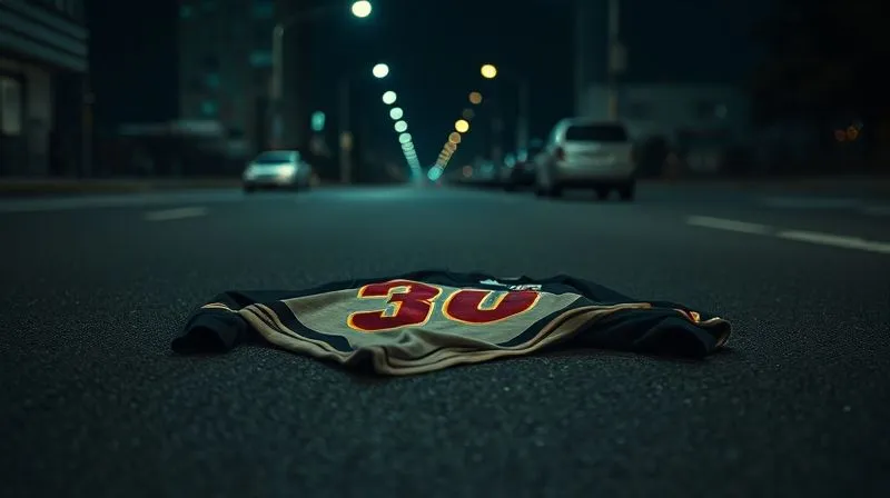 A lone, discarded men's streetwear item (e.g., a graphic tee or hoodie) lying on a dark, empty street at night, looking forgotten and out of place. The item appears high quality but abandoned, symbolizing a failed drop due to missteps or overproduction. Professional photography, 8K, cinematic lighting, sharp focus on the garment, depth of field creating a desolate mood, shot on a high-end DSLR.
