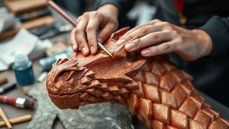 Photorealistic, professional photography, 8K, cinematic lighting, sharp focus, depth of field, shot on a high-end DSLR. A close-up of a costume designer's hands meticulously texturing a piece of painted EVA foam to resemble weathered dragon scales, with metallic paints and brushes visible, conveying the transformation of ordinary materials into extraordinary fantasy elements. The background shows blurred remnants of other budget materials and tools.