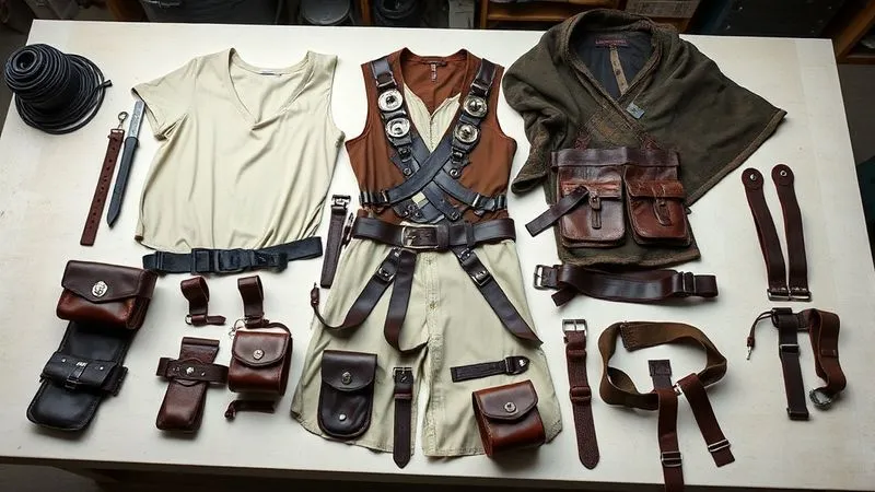 Photorealistic, professional photography, 8K, cinematic lighting, sharp focus, depth of field, shot on a high-end DSLR. A studio shot of various modular fantasy costume components laid out on a clean workbench: a plain tunic, a detachable faux-leather harness, a distressed cloak, and several interchangeable pouches and belts. The arrangement highlights their versatility and ability to combine into different character looks, with soft, even lighting.