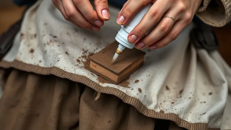 Photorealistic, professional photography, 8K, cinematic lighting, sharp focus, depth of field, shot on a high-end DSLR. A close-up of a costume designer's hands using a spray bottle and sponges to apply a 'mud' effect to the hem of a fantasy warrior's tunic made from repurposed fabric. The fabric shows prior signs of distressing and aging, and the lighting emphasizes the realistic texture and grime, showcasing the transformation process.