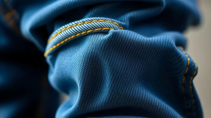 photorealistic, professional photography, 8K, cinematic lighting, sharp focus, depth of field, shot on a high-end DSLR, a close-up, macro shot of a child's denim pant leg, clearly showing robust, double-stitched seams and a reinforced knee patch. The fabric texture is visible, suggesting high quality and durability. Natural light highlights the intricate stitching, creating a sense of craftsmanship and strength.