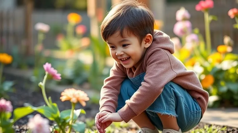 photorealistic, professional photography, 8K, cinematic lighting, sharp focus, depth of field, shot on a high-end DSLR, a vibrant image of a happy child (around 4-5 years old) squatting down to examine a flower in a garden, dressed in comfortable, well-fitting, durable clothing that allows for full range of motion. The focus is on the child's natural movement and the ease of their outfit, conveying comfort, freedom, and the practical beauty of well-made kids' wear. Soft natural light illuminates the scene.