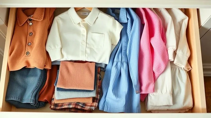 photorealistic, professional photography, 8K, cinematic lighting, sharp focus, depth of field, shot on a high-end DSLR, a beautifully organized child's closet or dresser drawer, showcasing a small, curated capsule wardrobe of high-quality, durable, and versatile kids' clothing items in coordinated colors. The clothes are neatly folded or hung, conveying a sense of thoughtful selection and longevity. Soft, natural light illuminates the space, highlighting the textures of the fabrics.