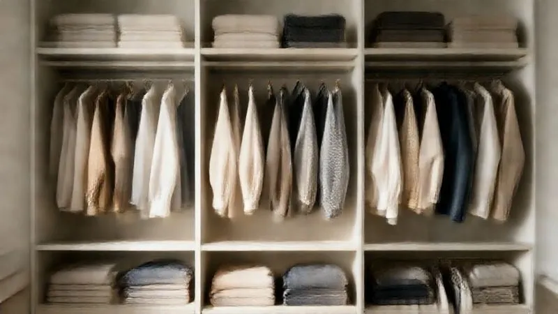 A photorealistic, professional photography, 8K, cinematic lighting, sharp focus, depth of field. A minimalist closet with a perfectly organized capsule wardrobe, featuring neutral tones and a few carefully selected accent pieces. The clothing is neatly folded or hung, conveying a sense of calm and intentionality. A beam of sunlight highlights the quality of the fabrics, emphasizing sustainability and versatility.