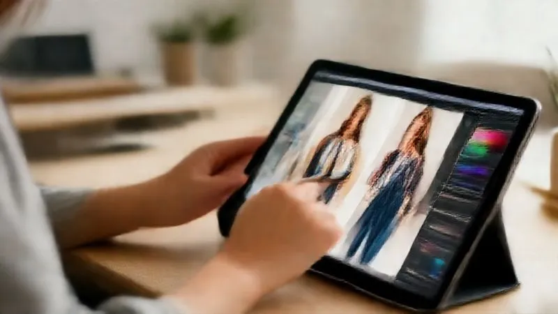 A photorealistic, professional photography, 8K, cinematic lighting, sharp focus, depth of field. A fashion blogger's hands are meticulously editing a styled outfit photo on a tablet, with various color presets and cropping options visible on the screen. The background shows a soft-focused, inspiring home office setup with natural light, signifying the creative process behind digital content.