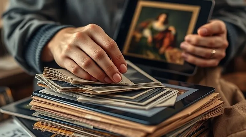 photorealistic, professional photography, 8K, cinematic lighting, sharp focus on a costume designer's hands sifting through a stack of aged historical photographs and fabric swatches, a digital tablet displaying a historical painting in the background, depth of field, shot on a high-end DSLR, conveying meticulous research.