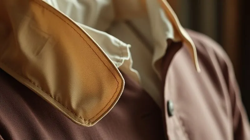 photorealistic, professional photography, 8K, cinematic lighting, sharp focus on a historical costume piece, showing intricate, hand-finished details on a visible collar and cuffs, contrasted with simpler, machine-stitched seams on the less visible inner lining, depth of field, shot on a high-end DSLR, highlighting smart construction choices.