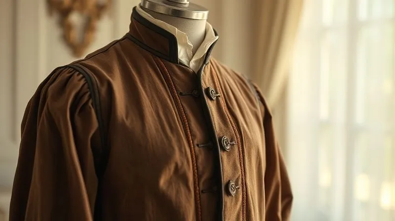 photorealistic, professional photography, 8K, cinematic lighting, sharp focus on a beautifully crafted but slightly worn-looking historical costume on a mannequin, showing subtle fading and minor mends, bathed in soft, natural light, depth of field, shot on a high-end DSLR, conveying authentic age and character.