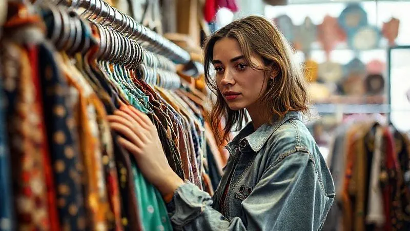 photorealistic, professional photography, 8K, cinematic lighting, sharp focus, depth of field, shot on a high-end DSLR, a stylish young fashion stylist meticulously sifting through a rack of diverse, colorful vintage clothing in a brightly lit, eclectic thrift store, with a thoughtful expression, surrounded by unique textures and patterns, embodying the spirit of resourceful sourcing.