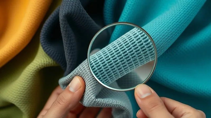 Close-up, photorealistic shot of diverse activewear fabrics (different textures, weaves, and colors) being stretched and examined by hands, highlighting elasticity and recovery. A magnifying glass hovers over one fabric, showing intricate fibers. Cinematic lighting, sharp focus on the fabric, depth of field, 8K hyper-detailed, professional photography.
