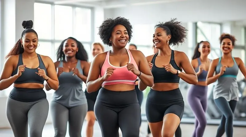 A diverse group of happy individuals of varying body types (including plus-size, athletic, petite, and different ages/ethnicities) laughing and exercising together in a bright, modern gym setting. They are wearing stylish and well-fitting activewear. The scene evokes confidence, community, and joy. Photorealistic, professional photography, 8K, cinematic lighting, sharp focus, depth of field, shot on a high-end DSLR.