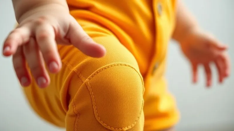A photorealistic, professional photography, 8K, cinematic lighting, sharp focus, depth of field, shot on a high-end DSLR, of a close-up on a child's brightly colored, soft cotton romper, with clear details on reinforced knee patches and a smooth, hidden zipper, emphasizing both playful design and robust construction. A child's blurred hand reaches into the frame, suggesting active play.