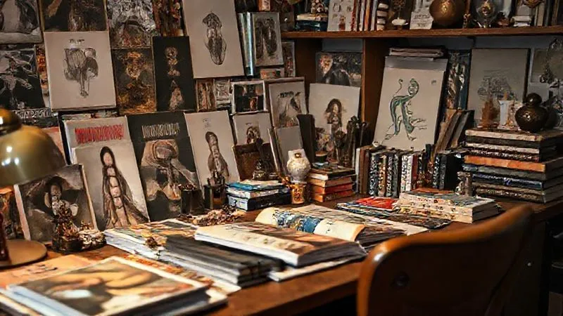 A photorealistic shot of a creative director's desk, cluttered with fashion magazines, art books, and cultural artifacts from diverse eras and regions, bathed in warm, inspiring cinematic lighting, sharp focus on the eclectic mix, depth of field blurring the background, 8K hyper-detailed, professional photography.