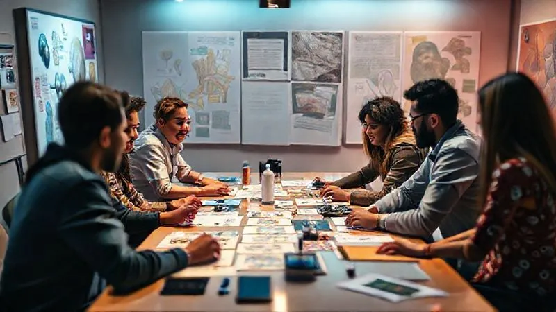A photorealistic image of a diverse creative team collaboratively brainstorming around a large table, surrounded by mood boards and digital screens displaying conceptual art. The atmosphere is vibrant and energetic, with cinematic lighting highlighting their engagement. Sharp focus on the team, depth of field blurring the periphery, 8K hyper-detailed, professional photography.