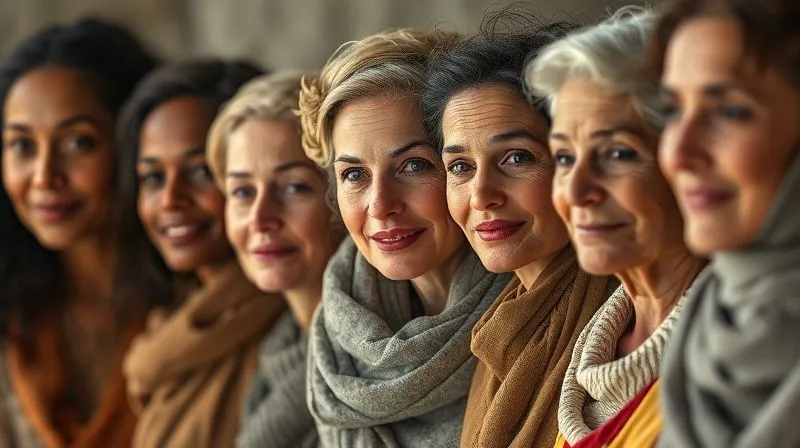 A photorealistic image of diverse women from different cultures and ages, each exuding unique forms of strength and grace through their varied expressions and subtle clothing styles, captured with cinematic lighting and sharp focus, depth of field.
