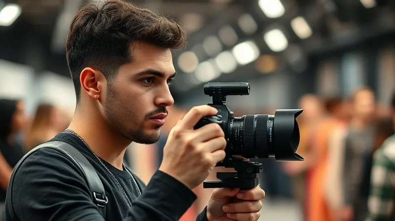 A fashion content creator skillfully operating a professional mirrorless camera with a high-quality lens, mounted on a compact gimbal for smooth footage. They are navigating a bustling, yet blurred, backstage area of a fashion show, their face focused and determined. Photorealistic, professional photography, 8K, cinematic lighting, sharp focus on the creator and equipment, depth of field blurring the background chaos, shot on a high-end DSLR.