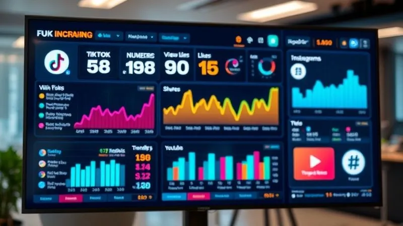 A dynamic social media dashboard displaying high engagement metrics: rapidly increasing view counts, numerous likes, comments, and shares across various platforms like TikTok, Instagram, and YouTube. The screen is vibrant with data visualizations and trending hashtags, reflecting successful content amplification. Photorealistic, professional photography, 8K, cinematic lighting, sharp focus on the dashboard, depth of field blurring a modern office background, shot on a high-end DSLR.