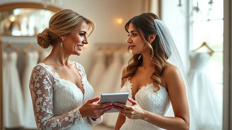 Photorealistic, professional photography, 8K, cinematic lighting, sharp focus, depth of field, shot on a high-end DSLR. A bridal stylist, with a warm and empathetic expression, intently listens to a bride who is gesticulating softly while looking at herself in a mirror, wearing her wedding gown. The stylist holds a small notepad, actively engaged, making eye contact. The background is a softly blurred, luxurious bridal boutique interior.