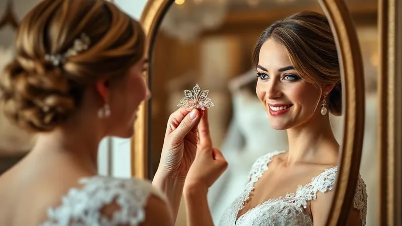 Photorealistic, professional photography, 8K, cinematic lighting, sharp focus, depth of field, shot on a high-end DSLR. A bridal stylist, with a warm, engaging smile, holds up a delicate, unique bridal accessory (e.g., a vintage-inspired hair comb or pearl earrings) to a bride's reflection in a mirror. The stylist is telling a captivating story about the piece, and the bride's expression is one of enchantment and thoughtfulness, visualizing herself wearing it. The background is a softly blurred, elegant bridal boutique.