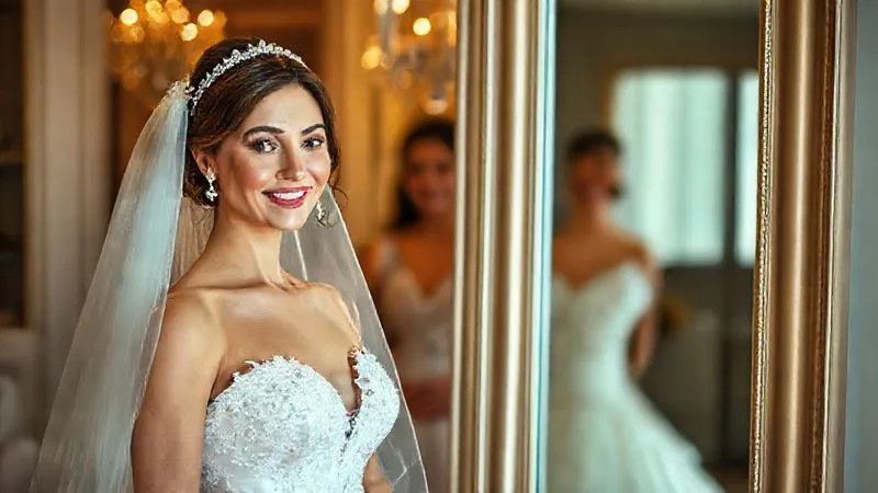 Photorealistic, professional photography, 8K, cinematic lighting, sharp focus, depth of field, shot on a high-end DSLR. A radiant bride, wearing her wedding gown, looks confidently into a full-length mirror. She is adorned with a complete set of unique bridal accessories: a shimmering veil, delicate earrings, and an elegant hairpiece. A skilled bridal stylist stands slightly behind her, smiling, having just completed the 'complete look' presentation. The boutique setting is luxurious and warm, highlighting the bride's glowing reflection.