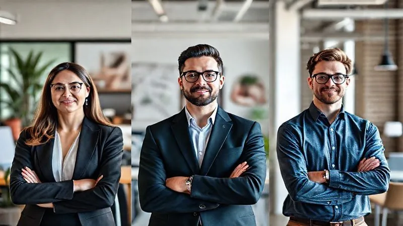 A photorealistic, professional photography image showing a diverse group of business professionals in various settings – one in a traditional corporate office, another in a creative agency space, and a third in a modern tech startup. Each person's attire subtly reflects their environment, demonstrating adaptable professional style. Cinematic lighting, sharp focus, depth of field, 8K hyper-detailed, shot on a high-end DSLR.