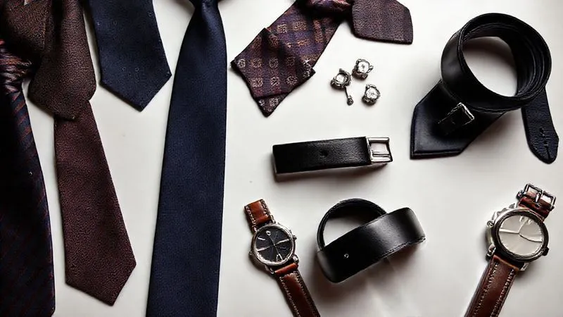 A photorealistic, professional photography image of a stylish men's accessories collection laid out on a clean surface. It includes a variety of ties (silk, knit), several pocket squares with different patterns, two high-quality leather belts (black and brown), and a selection of elegant watches and cufflinks. The composition should be artful and organized, with cinematic lighting and sharp focus on the textures and details. 8K hyper-detailed, shot on a high-end DSLR.