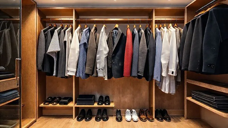 A photorealistic, professional photography image of a perfectly organized men's capsule wardrobe inside a modern, minimalist closet. Clothes are neatly hung by category and color, with shoes lined up below. The focus is on clean lines, high-quality fabrics, and an overall sense of order and efficiency. Cinematic lighting, sharp focus, depth of field, 8K hyper-detailed, shot on a high-end DSLR.