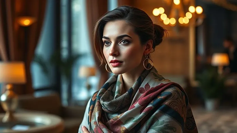 A photorealistic, professional photography, 8K, cinematic lighting, sharp focus, depth of field, shot on a high-end DSLR, of a sophisticated woman in a luxurious setting, elegantly draped in a unique silk scarf, exuding confidence and refined taste. Her expression is contemplative, reflecting discernment.