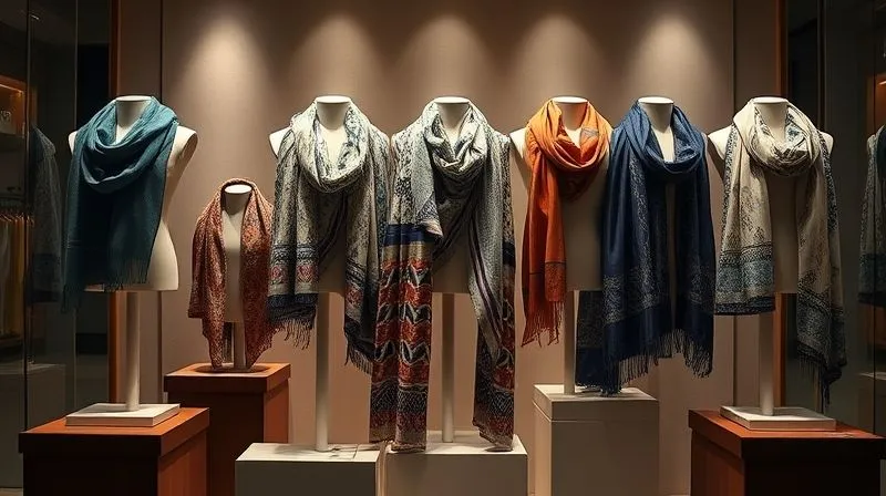 A photorealistic, professional photography, 8K, cinematic lighting, sharp focus, depth of field, shot on a high-end DSLR, of an exquisite luxury retail display featuring several unique scarves draped artistically on bespoke pedestals and subtle busts. Soft, warm light highlights the intricate patterns and textures, creating an inviting and exclusive atmosphere. No mannequins, just artistic presentation.