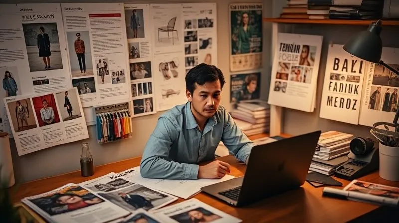 A photorealistic image of a person at a desk surrounded by mood boards, fashion magazines, and a laptop displaying trend reports, with a focused expression, cinematic lighting highlighting the research materials, sharp focus, depth of field blurring the background, 8K, professional photography, shot on a high-end DSLR, conveying deep market analysis.