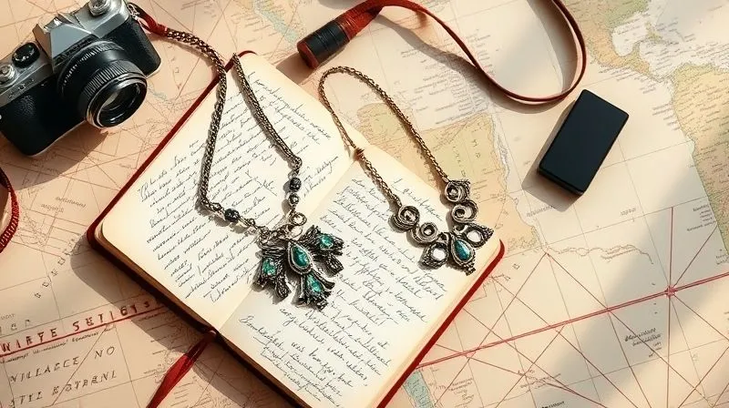 A photorealistic flat lay of a beautifully styled statement necklace next to a small, open journal with handwritten notes and sketches, a vintage camera, and a map, all bathed in soft, natural light, conveying a sense of adventure and storytelling. Professional photography, 8K, sharp focus on the necklace and journal, depth of field blurring the background, shot on a high-end DSLR.