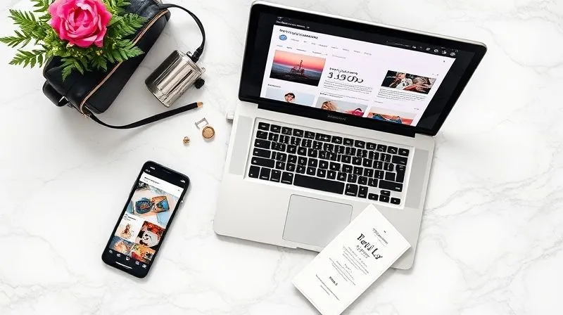 A photorealistic vibrant flat lay of diverse marketing tools for a fashion brand: a smartphone displaying an Instagram feed with stylish accessory shots, an open laptop showing email marketing analytics, a neatly arranged press kit, and a small, elegant invitation to a pop-up event, all on a chic marble background. Professional photography, 8K, sharp focus, depth of field, shot on a high-end DSLR, conveying dynamic marketing strategy.