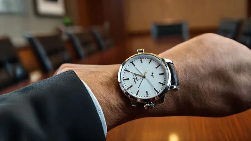 A close-up, photorealistic professional photography shot of a high-end, minimalist automatic watch on an executive's wrist, resting on a polished mahogany conference table. The watch features a clean white dial and a dark leather strap. Cinematic lighting highlights the watch's intricate details, with a shallow depth of field blurring the background of a modern office. 8K hyper-detailed, shot on a high-end DSLR.