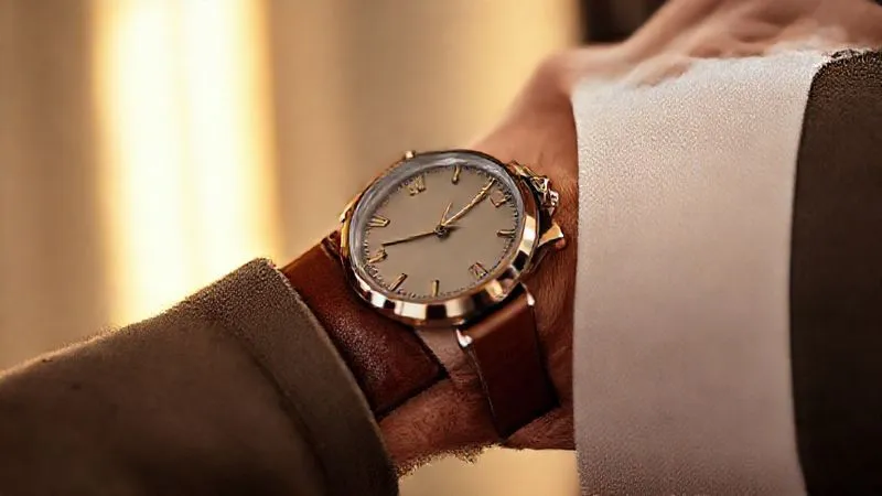 A close-up, photorealistic shot of a person's wrist wearing a classic luxury watch with a unique, high-quality bespoke leather strap, reflecting personal style without compromising the watch's original integrity. The background is softly blurred, focusing on the elegant combination of watch and strap, in a warm, inviting light. 8K, sharp focus, depth of field.