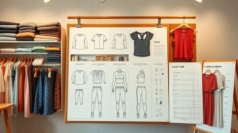 A photorealistic image of a design studio, with a mood board featuring various textile swatches, technical drawings of children's activewear with adjustable features, and children's growth charts. Professional, creative atmosphere, 8K, cinematic lighting, sharp focus, depth of field, shot on a high-end DSLR.