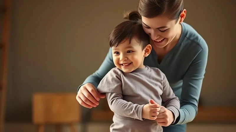A photorealistic, warm image of a parent smiling as their child effortlessly moves and plays in well-fitting, adaptable activewear. The parent is subtly adjusting a waistband or cuff, demonstrating ease of use. Focus on the connection and comfort, 8K, cinematic lighting, sharp focus, depth of field, shot on a high-end DSLR.