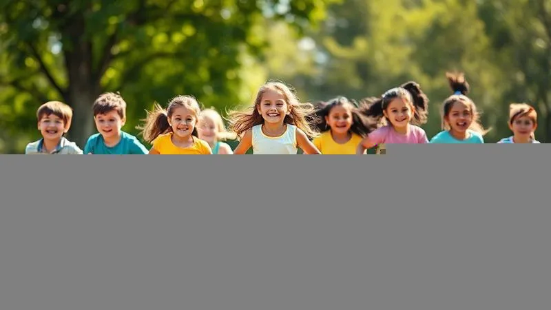 Photorealistic, professional photography, 8K, cinematic lighting, sharp focus, depth of field, shot on a high-end DSLR. A diverse group of children (ages 5-12) of varying heights and builds, happily engaged in different athletic activities like running, jumping, and stretching. Their activewear is brightly colored and appears to fit them perfectly, emphasizing freedom of movement. The background is a blurred, sunny park setting, highlighting the children's dynamic motion. The image conveys the challenge of accommodating diverse and rapid growth.