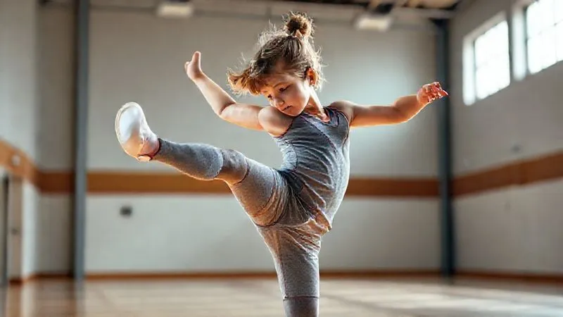 Photorealistic, professional photography, 8K, cinematic lighting, sharp focus, depth of field, shot on a high-end DSLR. A child (around 7 years old) performing a dynamic high kick or a gymnastic pose in activewear. The clothing shows no signs of pulling or restriction, perfectly contouring to the child's body in motion. Strategic seams and gussets are subtly visible, enhancing the garment's flexibility. The background is a brightly lit indoor gym or studio, focusing on the child's athleticism and the clothing's performance.