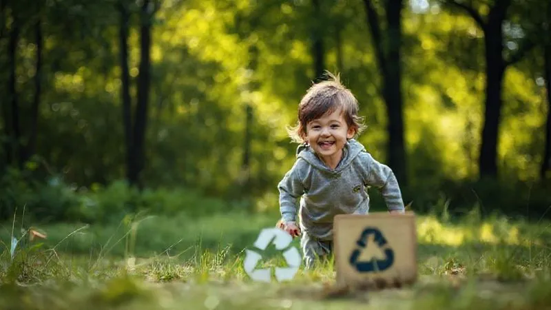 Photorealistic, professional photography, 8K, cinematic lighting, sharp focus, depth of field, shot on a high-end DSLR. A child (around 9 years old) happily playing outdoors in a lush, green natural environment. The child's activewear is made from natural, muted tones and appears comfortable and durable. In the foreground, a subtle hint of a 'reduce, reuse, recycle' symbol is integrated into the ground or a small sign. The overall mood is one of harmony between nature, play, and sustainable living, emphasizing the long-term benefit of durable kids' clothing.