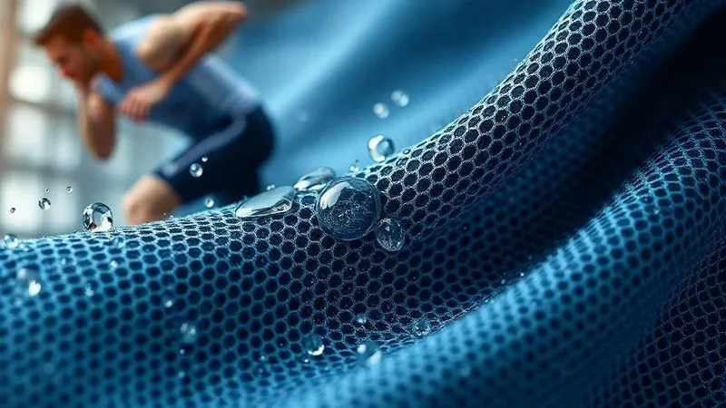 A photorealistic close-up of a high-performance synthetic fabric, showing intricate weave patterns designed for moisture-wicking. Water droplets are visibly being pulled into the fabric's structure, with a blurred background of an athlete in motion. Professional photography, 8K, cinematic lighting, sharp focus, depth of field, shot on a high-end DSLR.